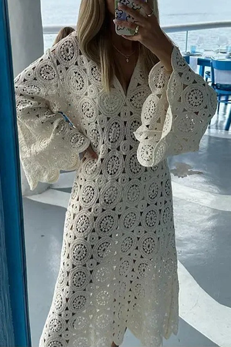 Robes-jupes une pièce, décolleté en V, brodées, couleur unie, sexy.