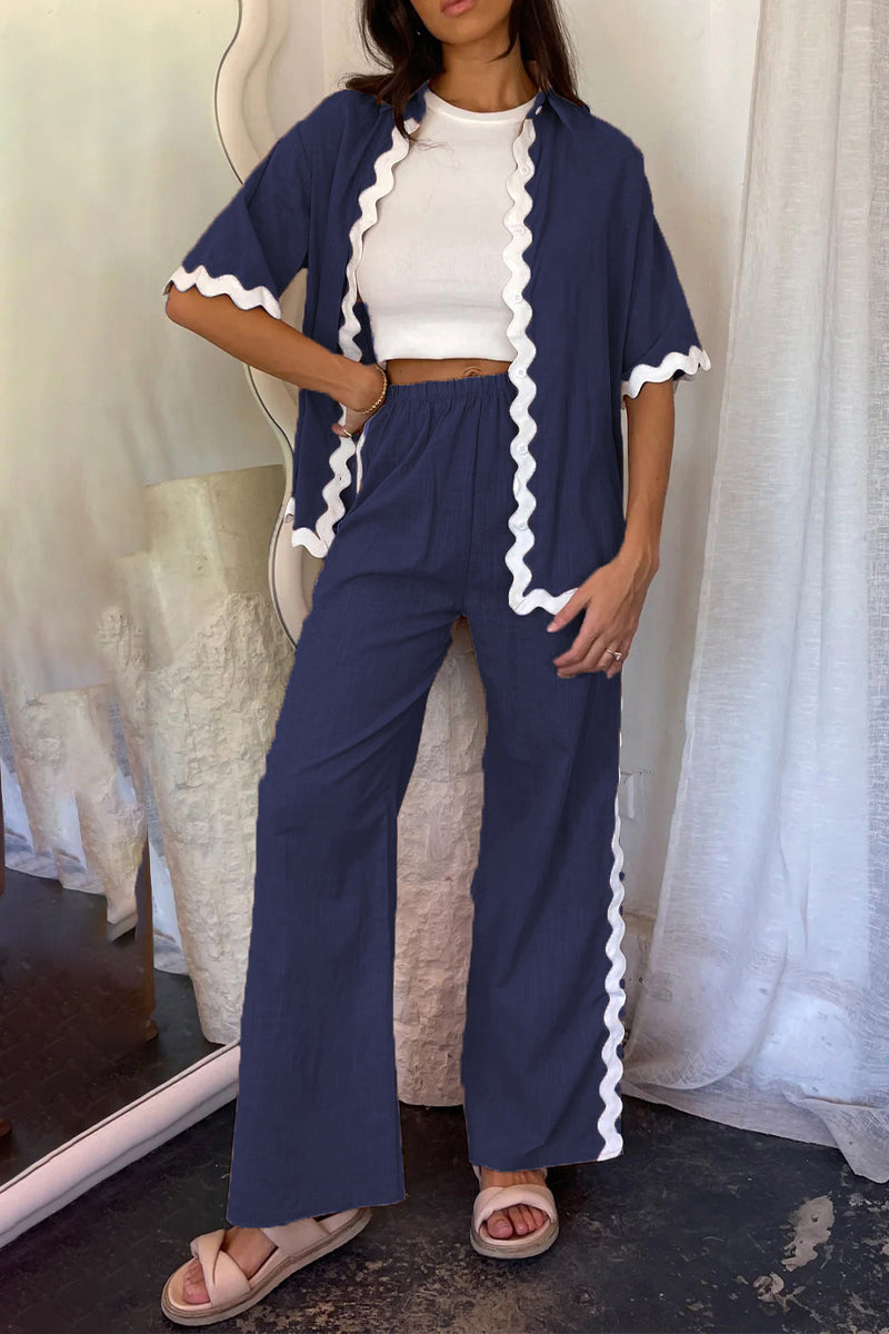 Casual Simplicity Solid Ripple Patchwork Boat Neck Long Sleeve Two Pieces