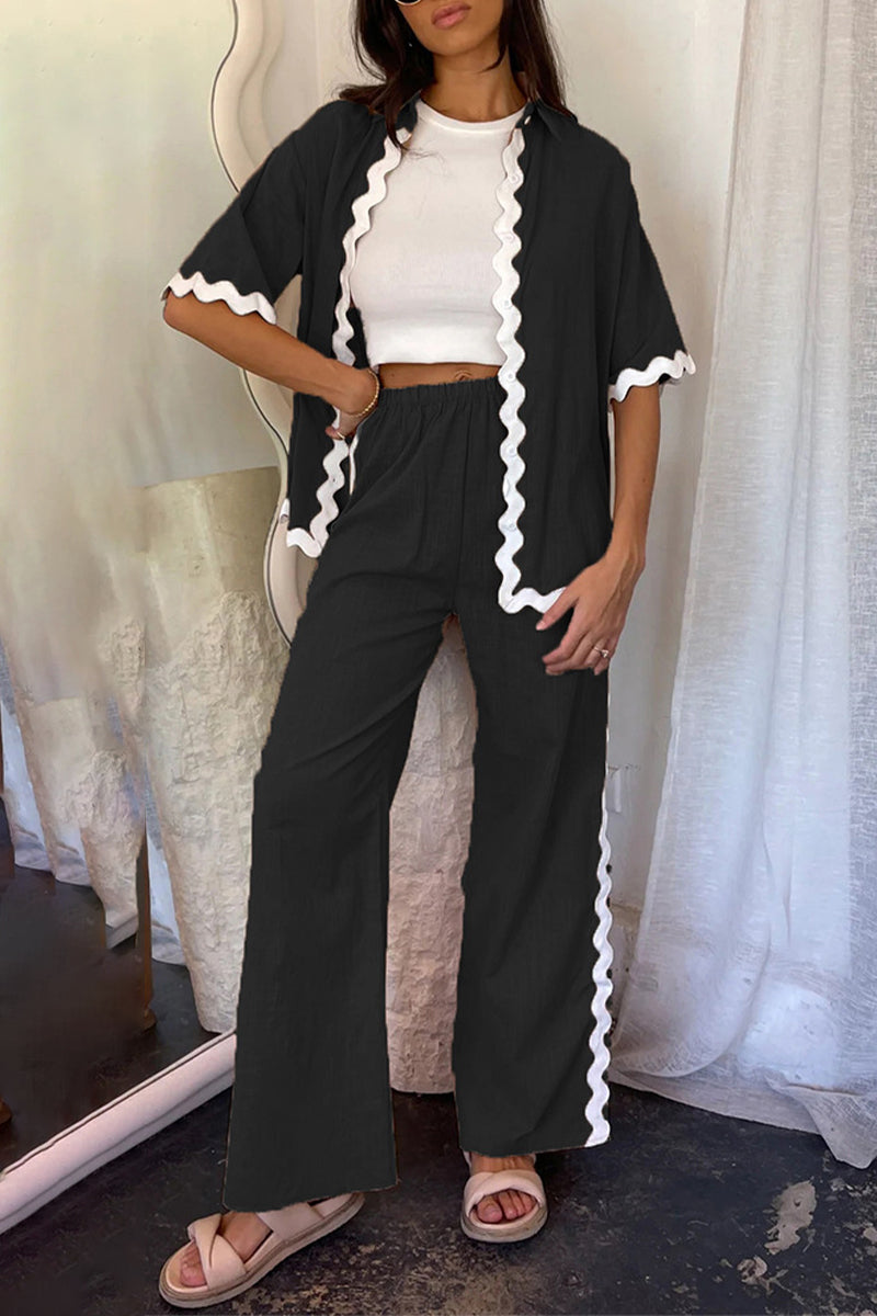 Casual Simplicity Solid Ripple Patchwork Boat Neck Long Sleeve Two Pieces