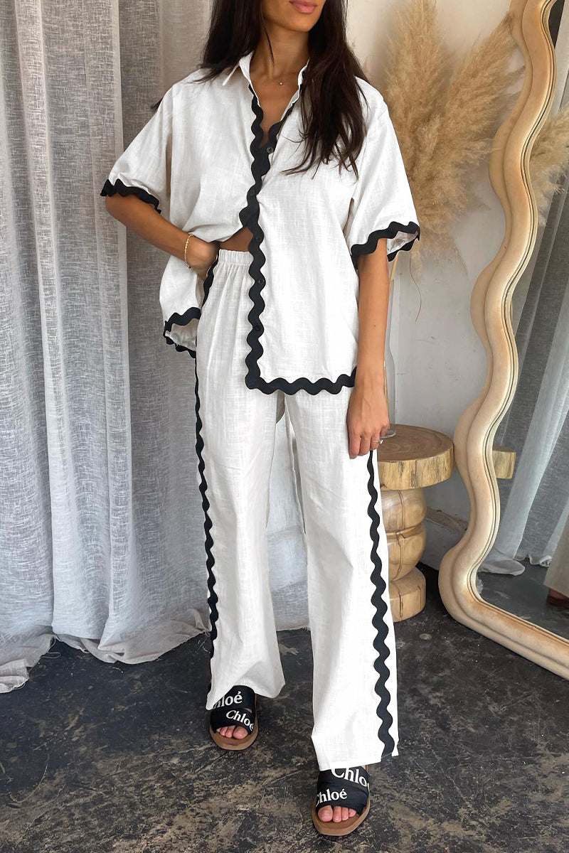 Casual Simplicity Solid Ripple Patchwork Boat Neck Long Sleeve Two Pieces