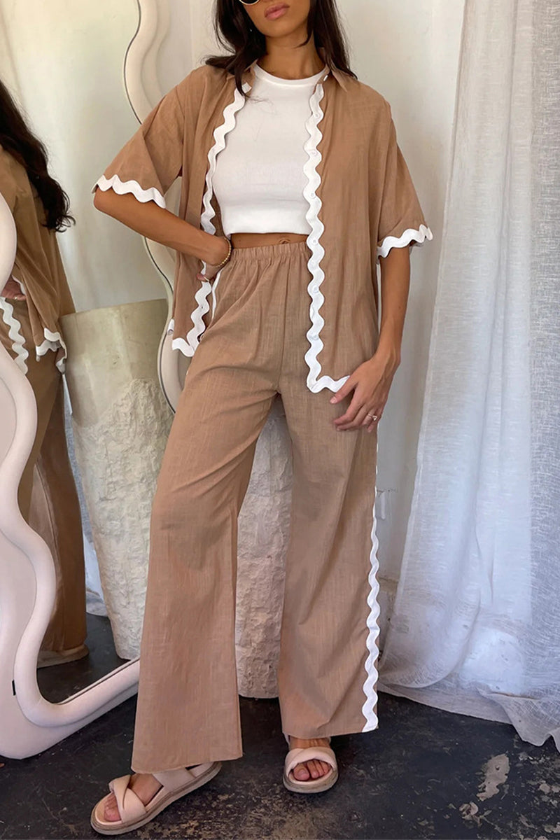 Casual Simplicity Solid Ripple Patchwork Boat Neck Long Sleeve Two Pieces