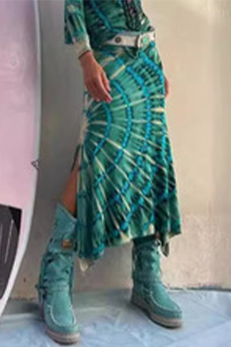 Pantalon ample taille haute, style décontracté universitaire, imprimé tie-dye, fente, type A, imprimé intégral.