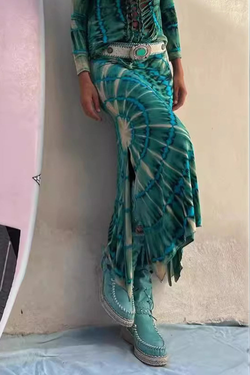 Pantalon ample taille haute, style décontracté universitaire, imprimé tie-dye, fente, type A, imprimé intégral.