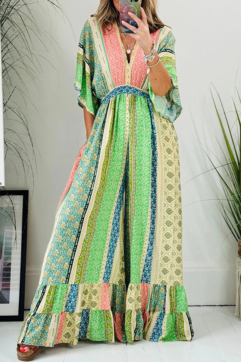 Combinaisons amples, décolleté en V, dos nu, imprimé géométrique élégant, poches et fente.