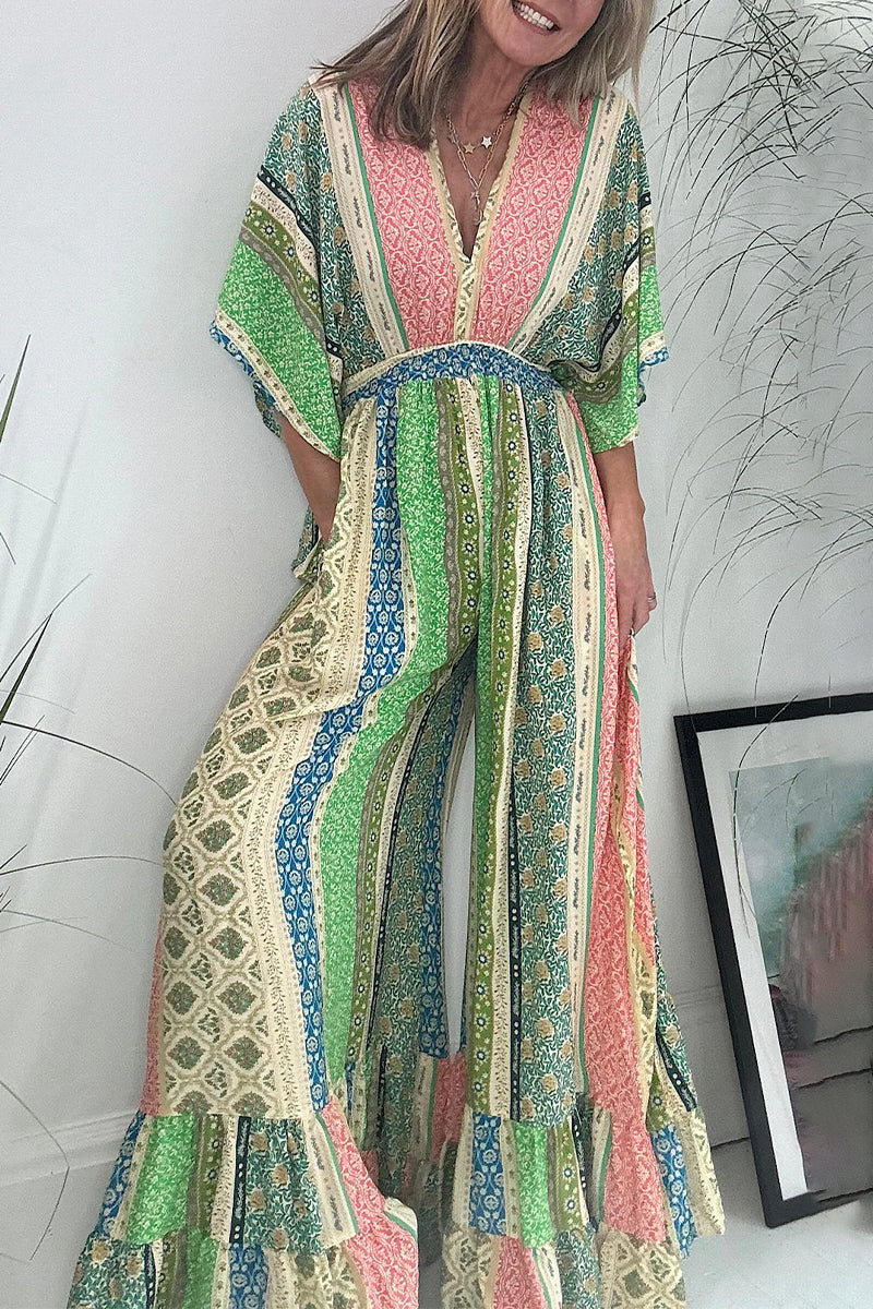 Combinaisons amples, décolleté en V, dos nu, imprimé géométrique élégant, poches et fente.