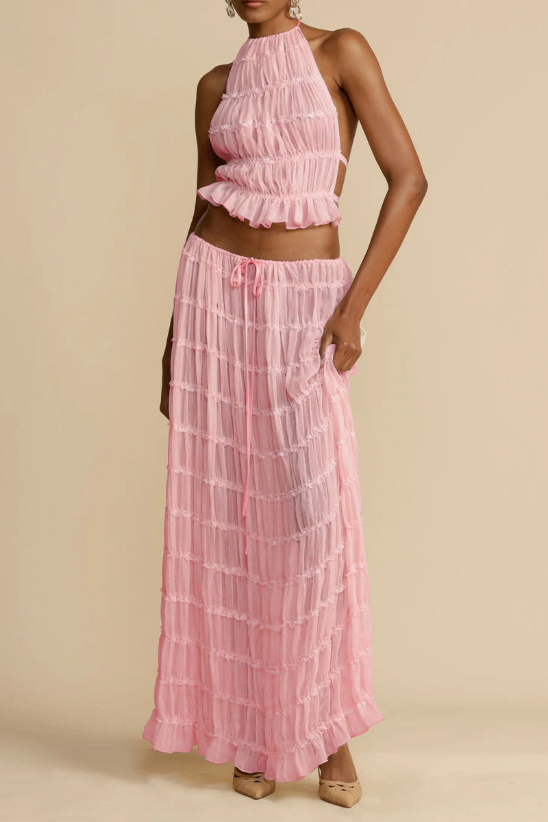 Bikini sexy pour les vacances, dos nu, sans manches, à l'encolure halter, en tissu transparent, avec détail de frenulum.