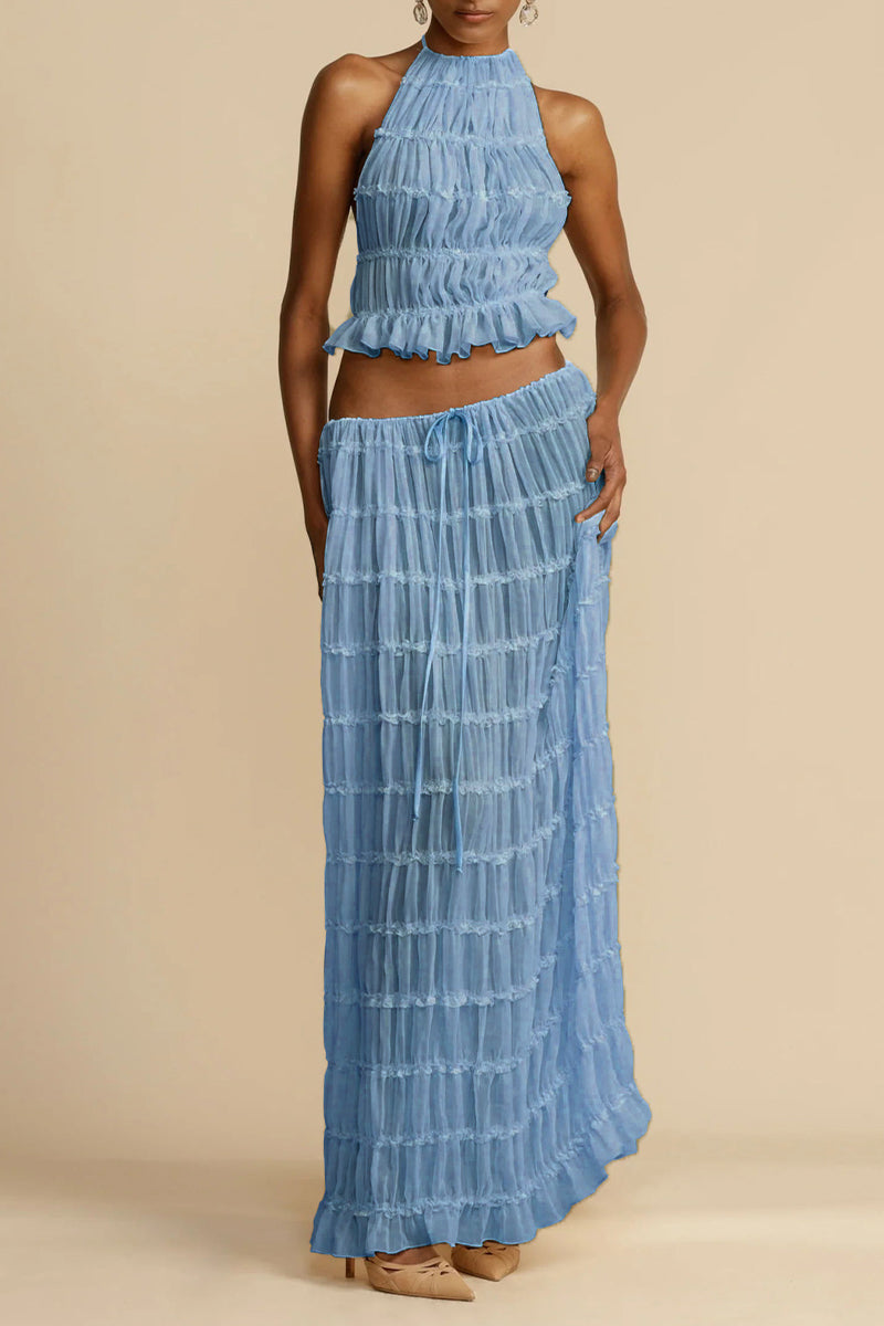 Bikini sexy pour les vacances, dos nu, sans manches, à l'encolure halter, en tissu transparent, avec détail de frenulum.