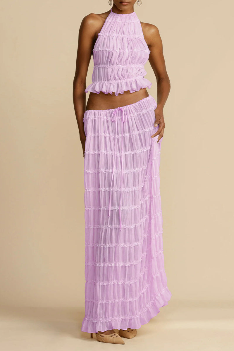 Bikini sexy pour les vacances, dos nu, sans manches, à l'encolure halter, en tissu transparent, avec détail de frenulum.