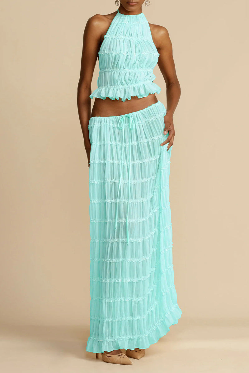 Bikini sexy pour les vacances, dos nu, sans manches, à l'encolure halter, en tissu transparent, avec détail de frenulum.