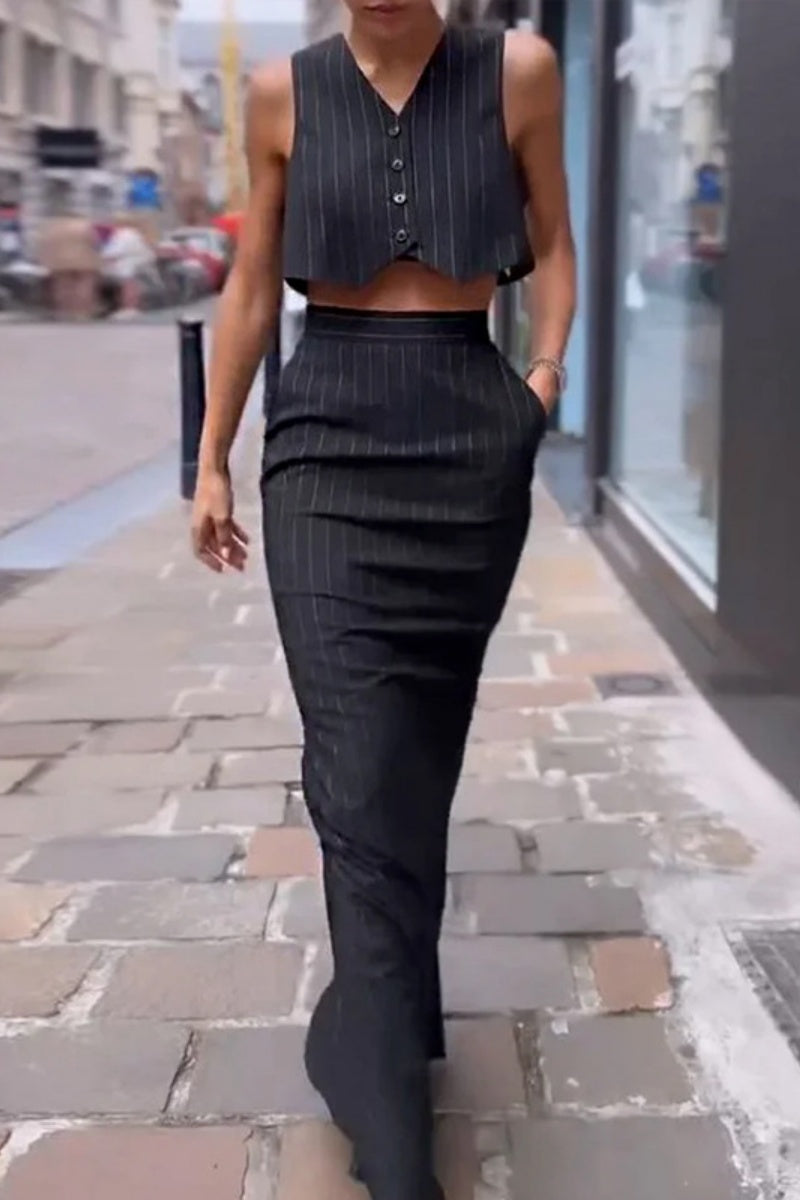 Casual Striped Patchwork Pocket V Neck Sleeveless Two Pieces