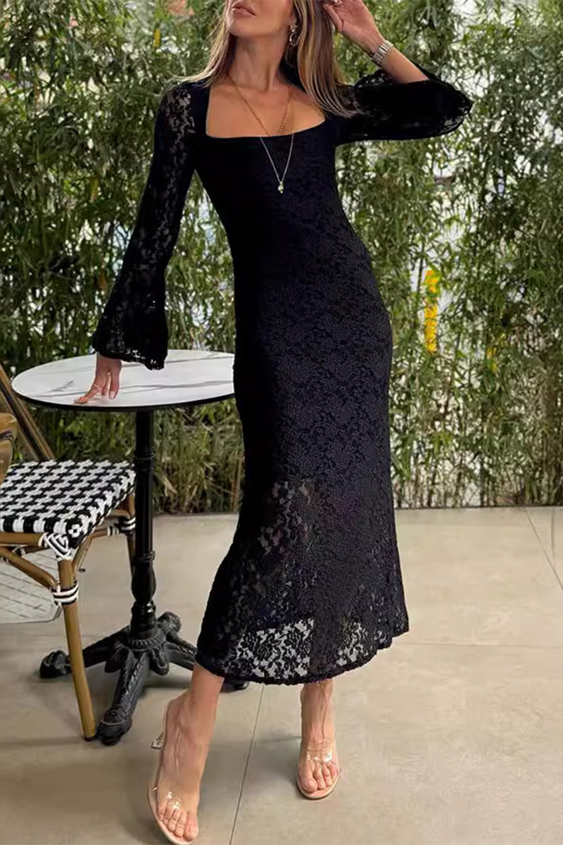 Robes-jupes fendues à col rond en dentelle uni, sexy, taille unique.