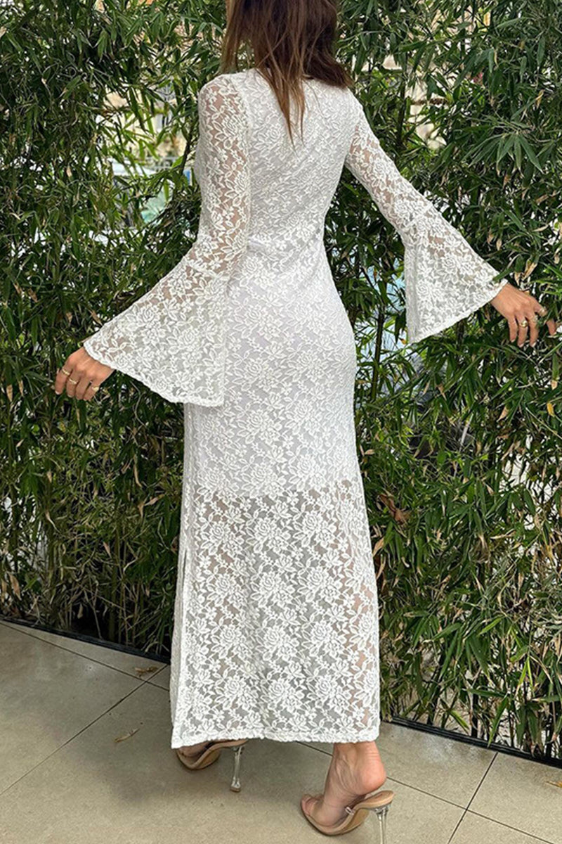 Robes-jupes fendues à col rond en dentelle uni, sexy, taille unique.