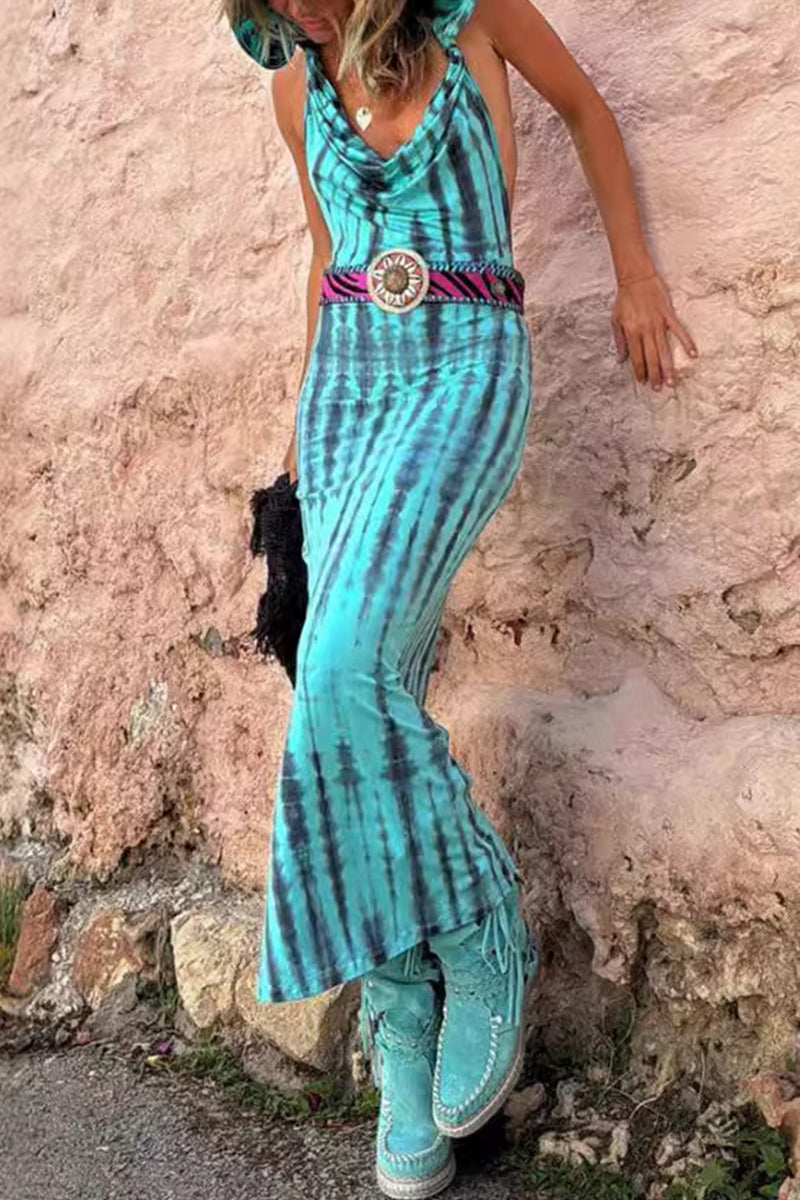 Robe-jupe longue décontractée bohème à imprimé géométrique, sans dos, avec col à capuche (sans ceinture)