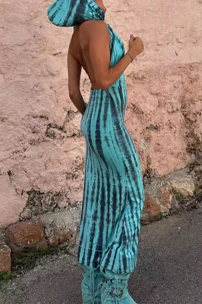 Robe-jupe longue décontractée bohème à imprimé géométrique, sans dos, avec col à capuche (sans ceinture)