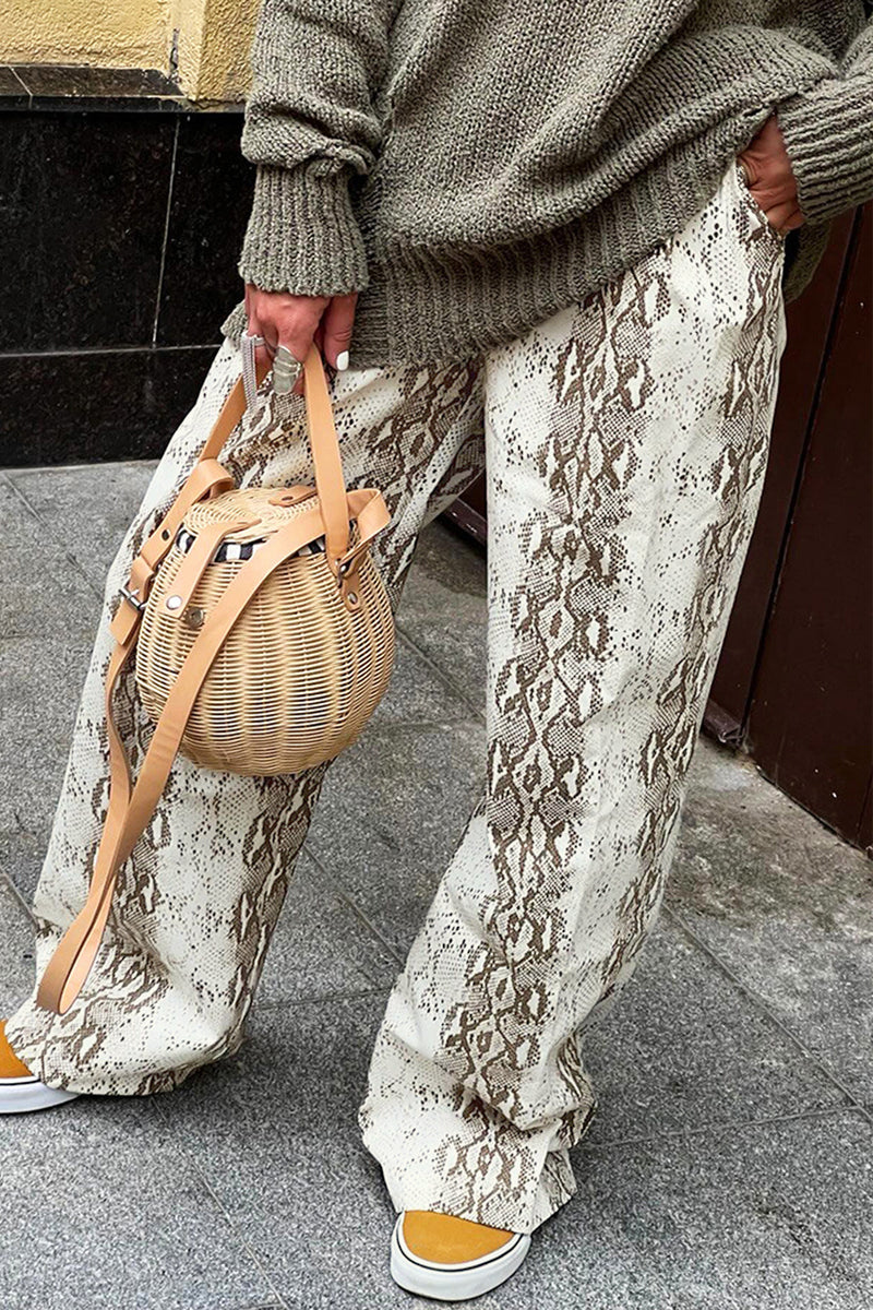 Pantalon ample, taille haute, imprimé animal, contraste, coupe droite, imprimé intégral, style décontracté.
