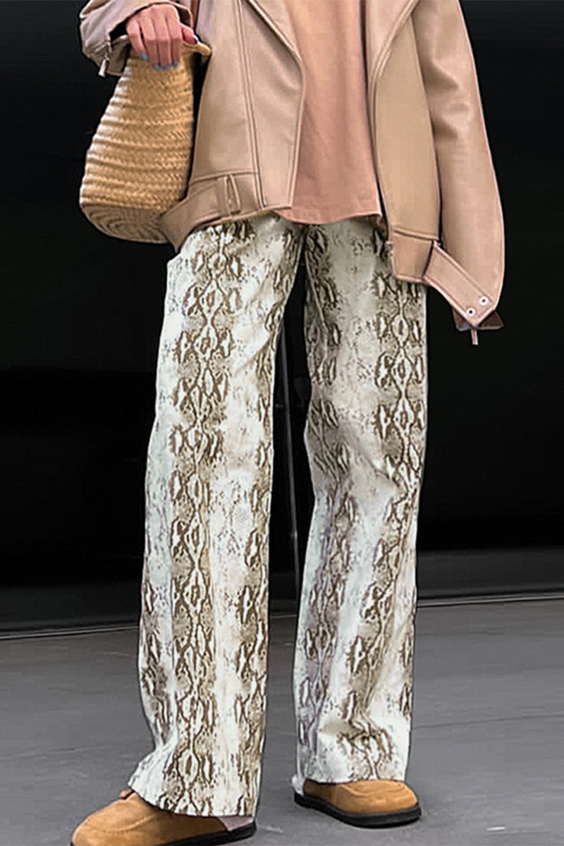 Pantalon ample, taille haute, imprimé animal, contraste, coupe droite, imprimé intégral, style décontracté.