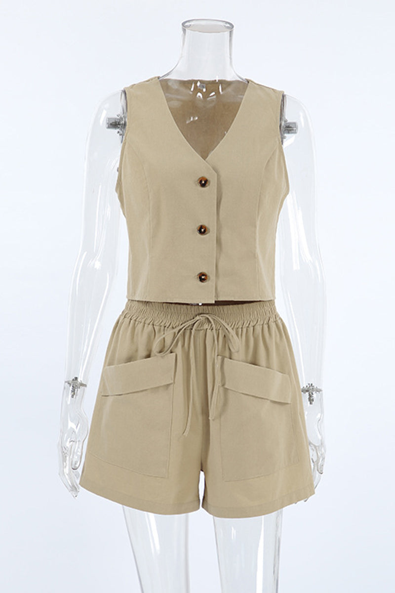 Ensemble deux pièces décontracté, uni, avec poches, boutons, col en V et sans manches (3 couleurs)