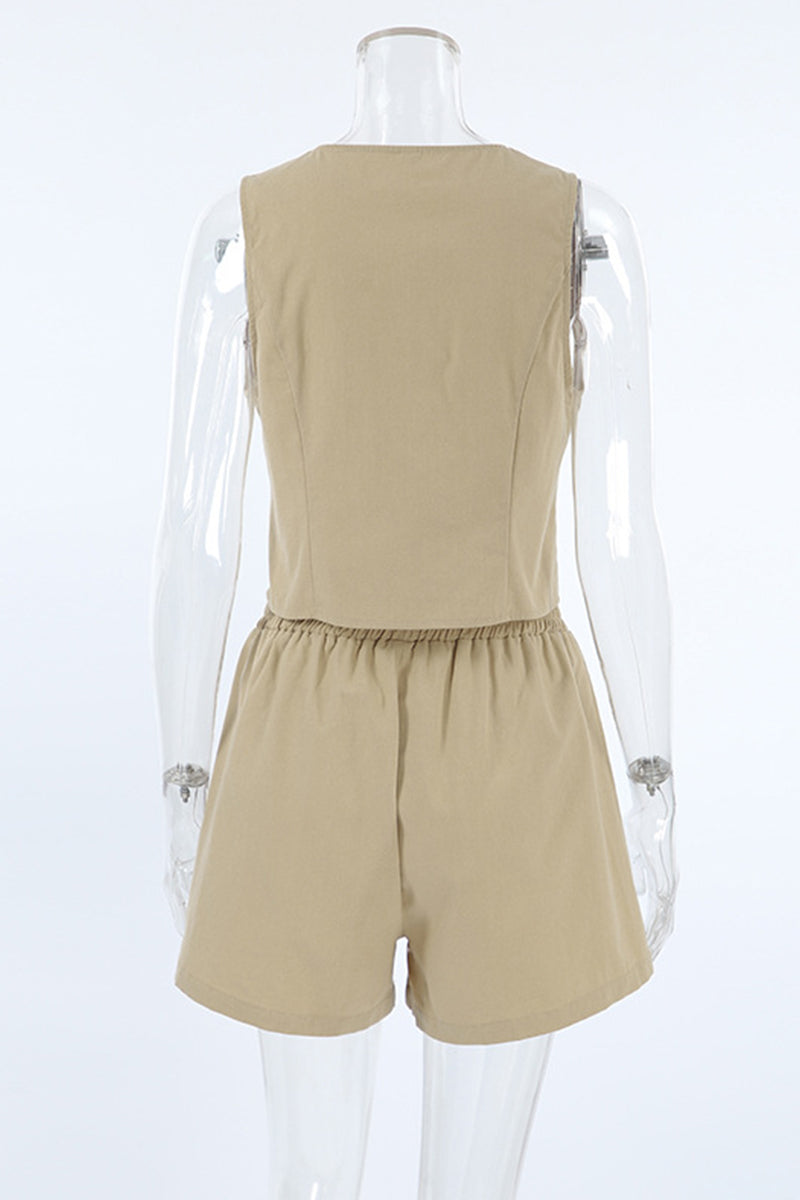 Ensemble deux pièces décontracté, uni, avec poches, boutons, col en V et sans manches (3 couleurs)