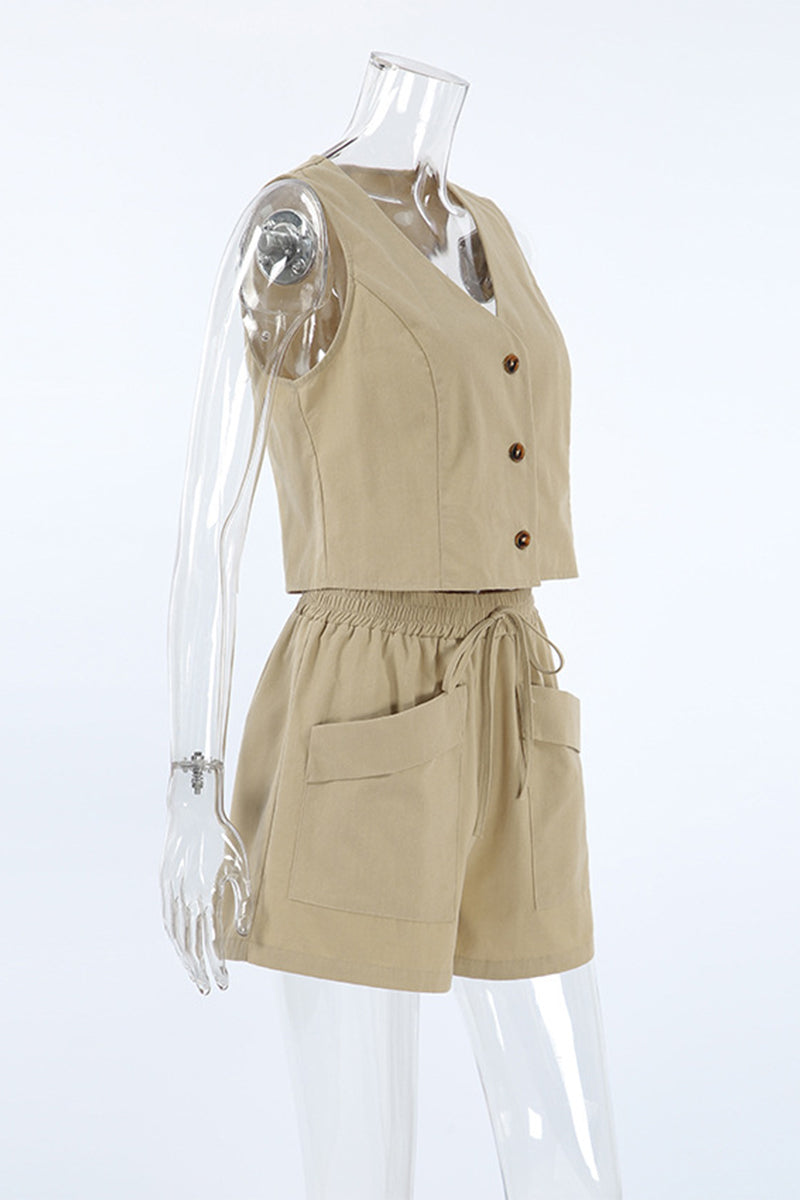 Ensemble deux pièces décontracté, uni, avec poches, boutons, col en V et sans manches (3 couleurs)