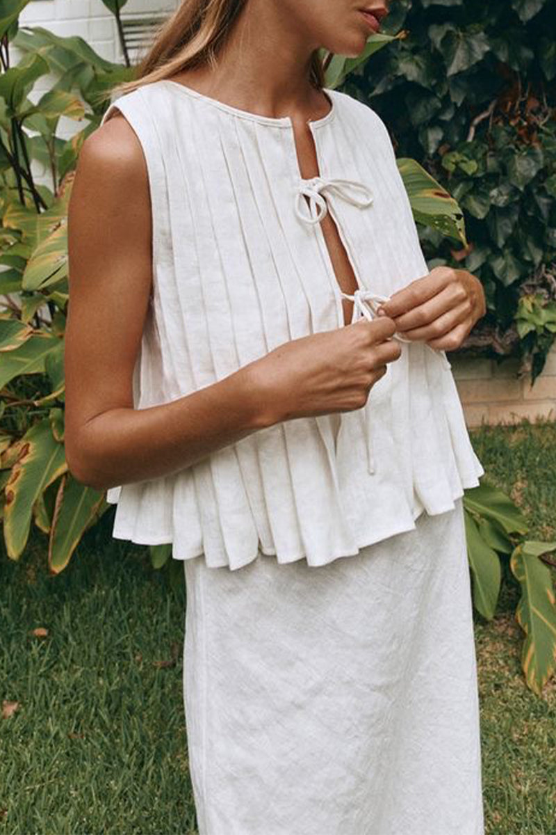 Ensemble deux pièces décontracté, quotidien, à lacets, avec col rond et sans manches.