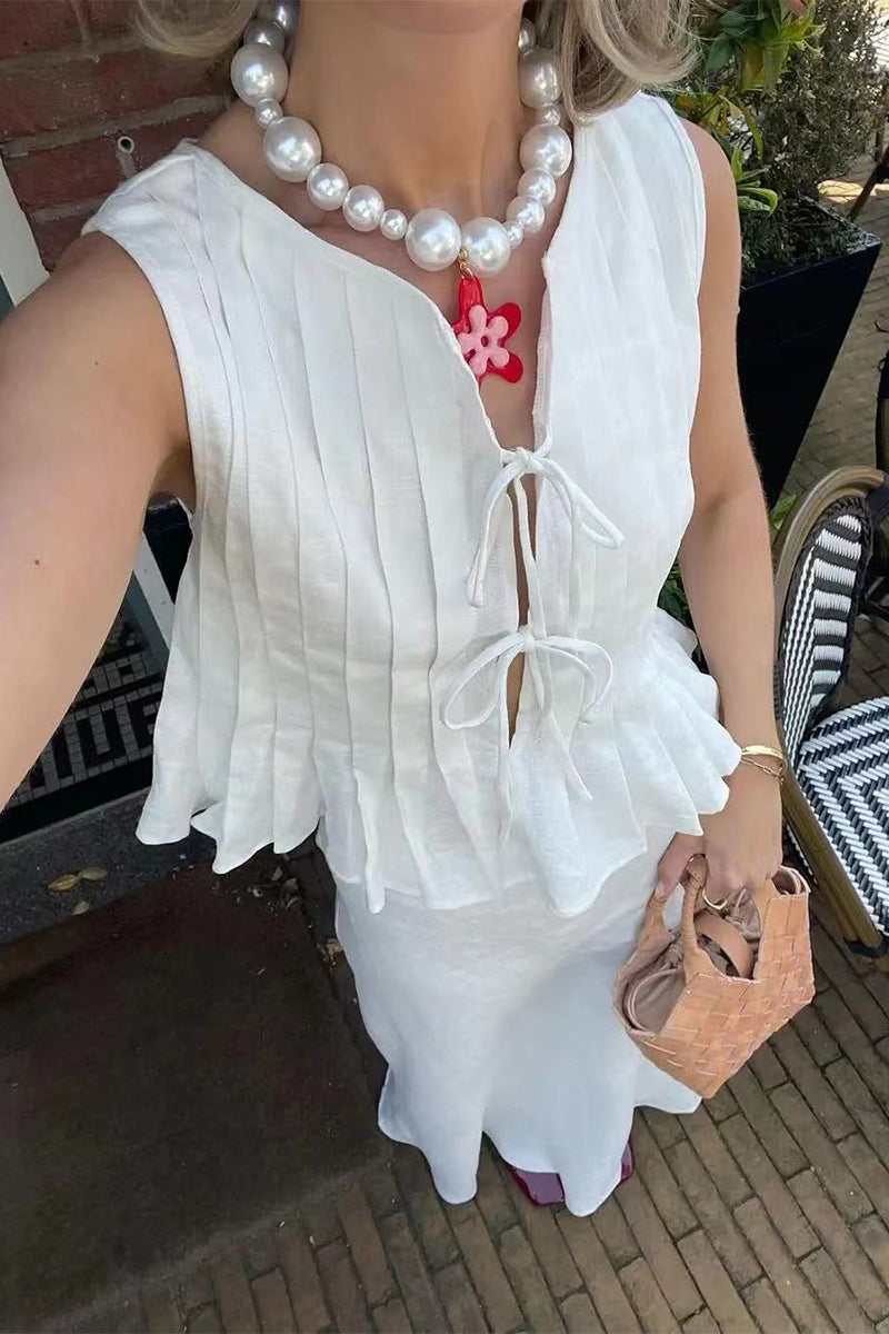 Ensemble deux pièces décontracté, quotidien, à lacets, avec col rond et sans manches.