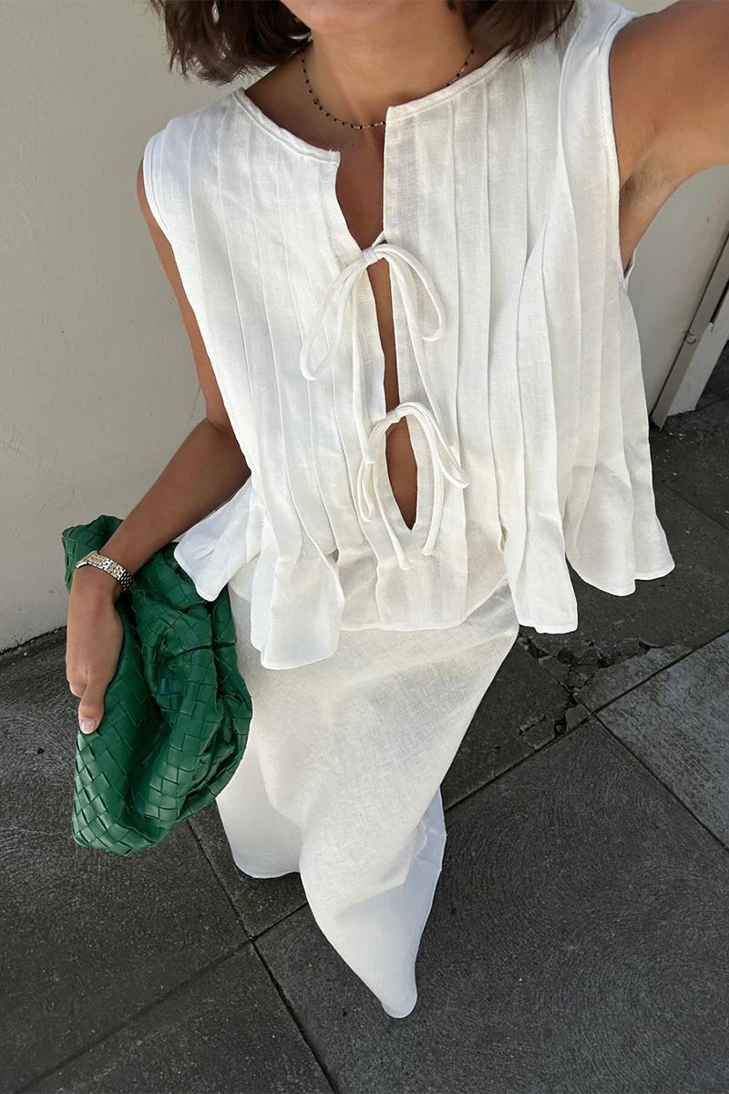 Ensemble deux pièces décontracté, quotidien, à lacets, avec col rond et sans manches.