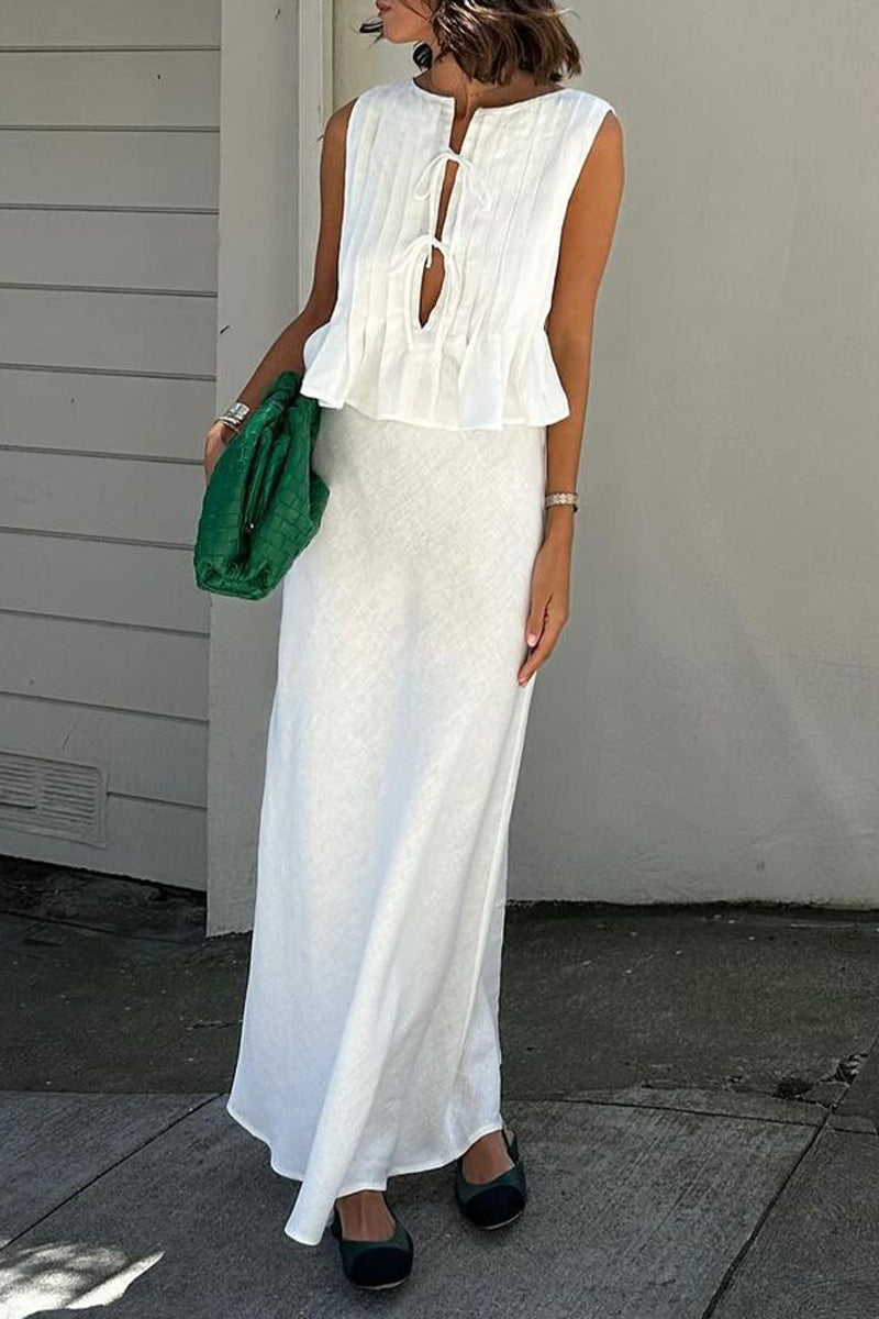 Ensemble deux pièces décontracté, quotidien, à lacets, avec col rond et sans manches.