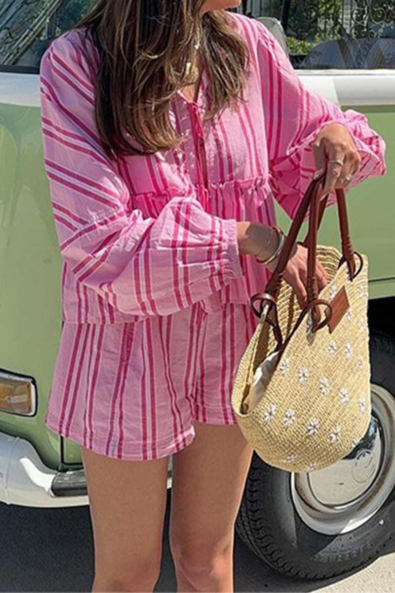 Casual Striped Print Lace Up Contrast V Neck Sleeveless Two Pieces