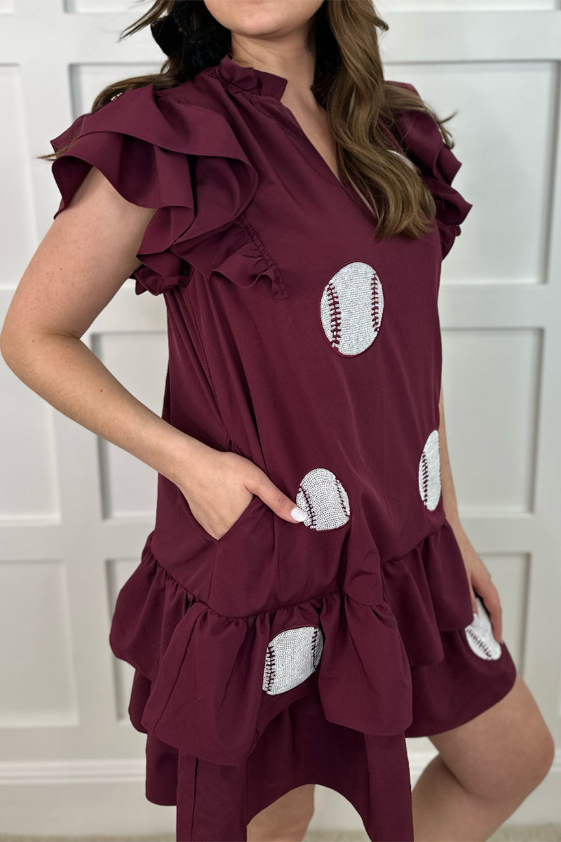 Robes décontractées à imprimé géométrique, brodées de paillettes, avec poches, volants, col en V et longueur irrégulière.