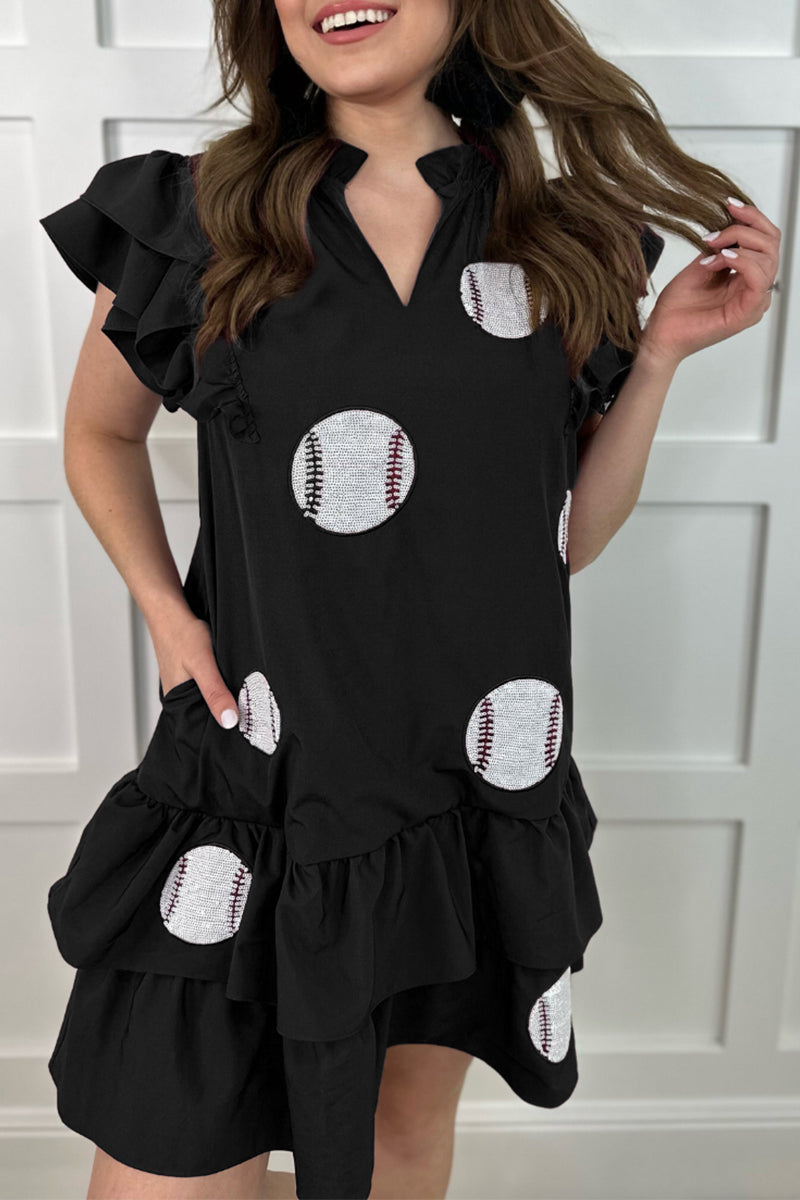 Robes décontractées à imprimé géométrique, brodées de paillettes, avec poches, volants, col en V et longueur irrégulière.