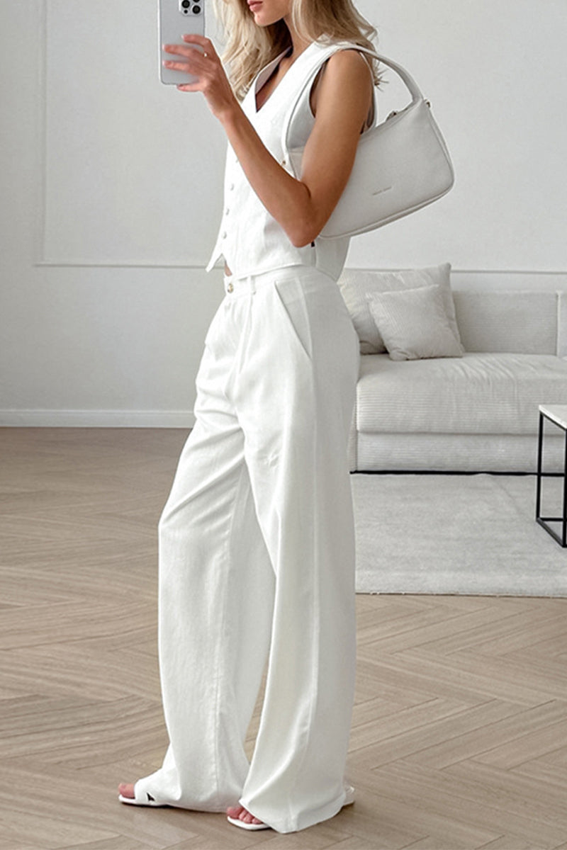 Ensemble deux pièces décontracté, uni, à porter au quotidien, avec poches, boutons, col en V et sans manches.