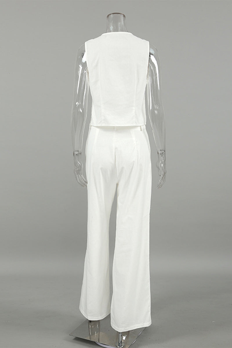 Ensemble deux pièces décontracté, uni, à porter au quotidien, avec poches, boutons, col en V et sans manches.