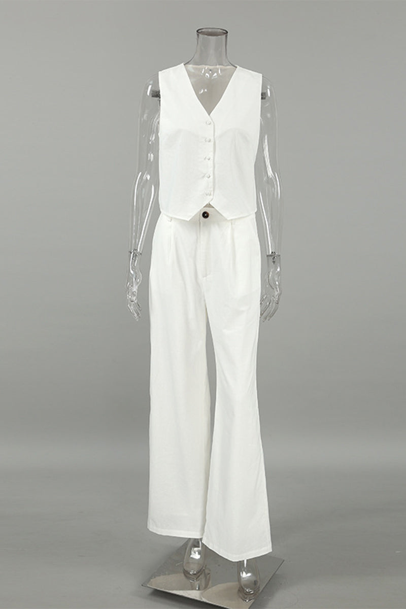 Ensemble deux pièces décontracté, uni, à porter au quotidien, avec poches, boutons, col en V et sans manches.