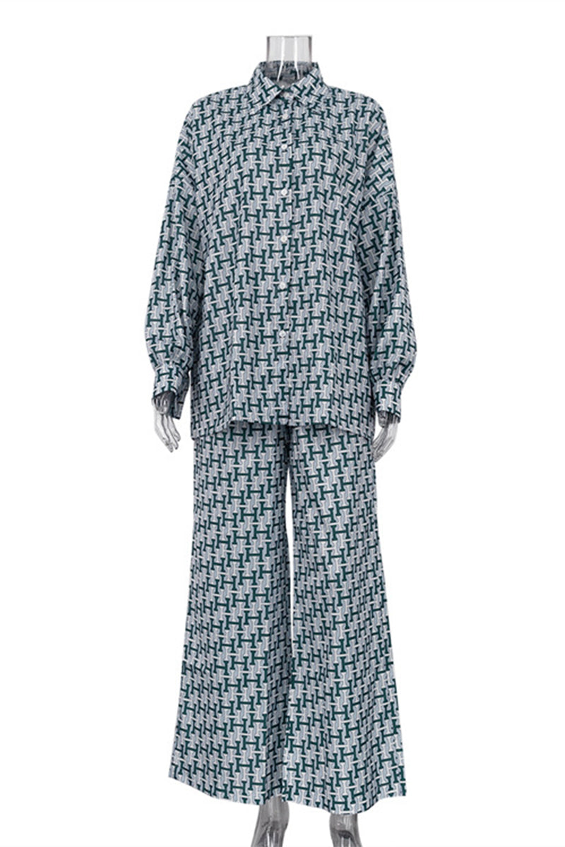 Ensemble deux pièces décontracté à porter au quotidien, imprimé géométrique, col contrasté à revers, manches longues.