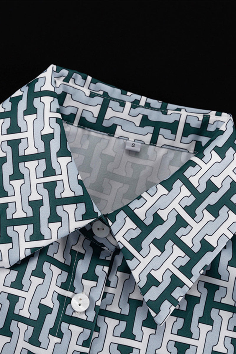 Ensemble deux pièces décontracté à porter au quotidien, imprimé géométrique, col contrasté à revers, manches longues.