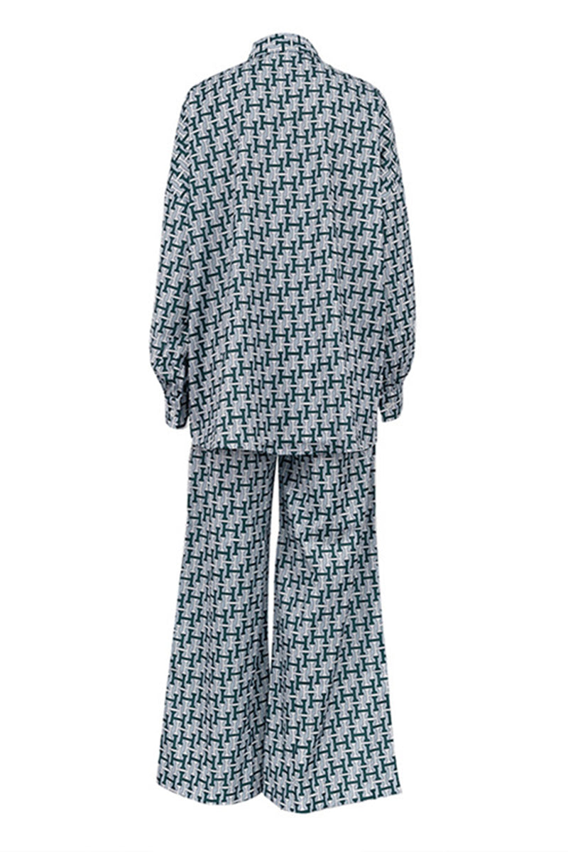 Ensemble deux pièces décontracté à porter au quotidien, imprimé géométrique, col contrasté à revers, manches longues.