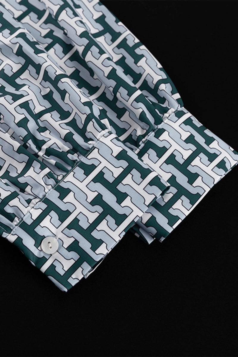 Ensemble deux pièces décontracté à porter au quotidien, imprimé géométrique, col contrasté à revers, manches longues.