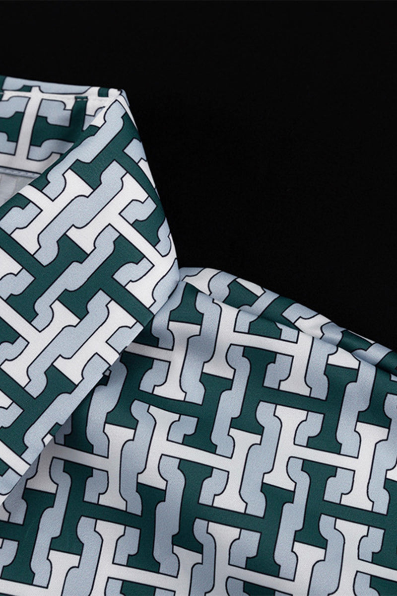 Ensemble deux pièces décontracté à porter au quotidien, imprimé géométrique, col contrasté à revers, manches longues.