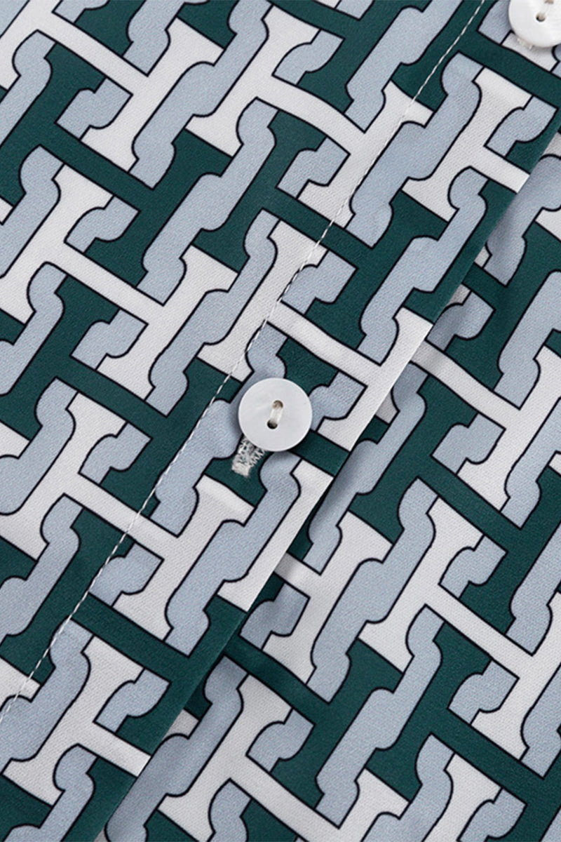 Ensemble deux pièces décontracté à porter au quotidien, imprimé géométrique, col contrasté à revers, manches longues.