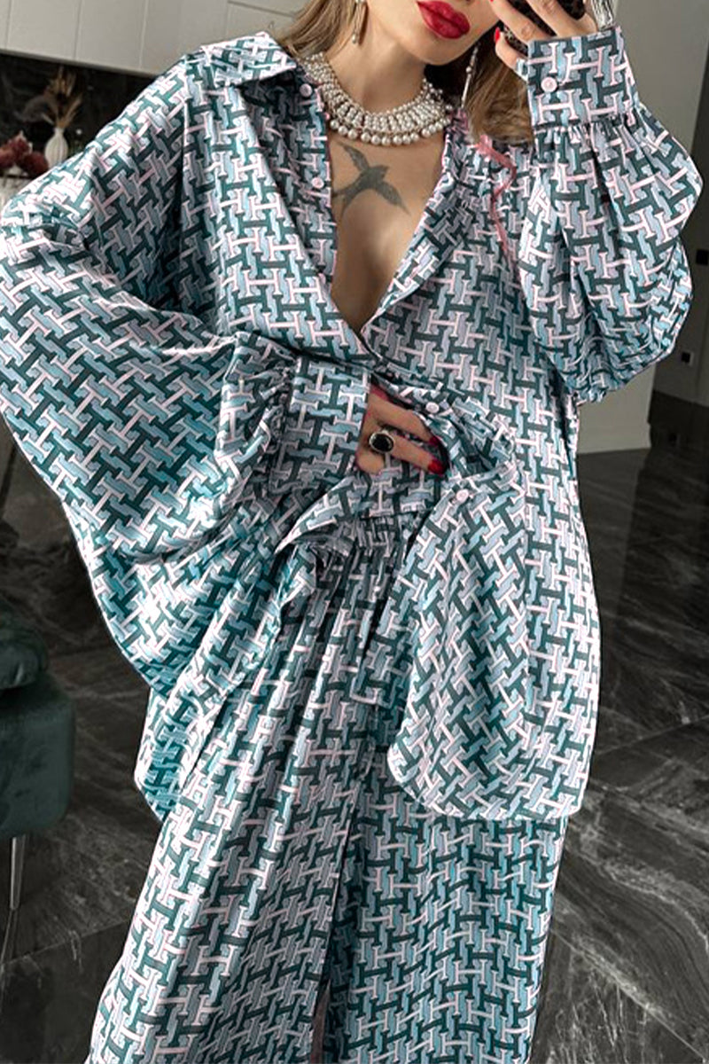 Ensemble deux pièces décontracté à porter au quotidien, imprimé géométrique, col contrasté à revers, manches longues.