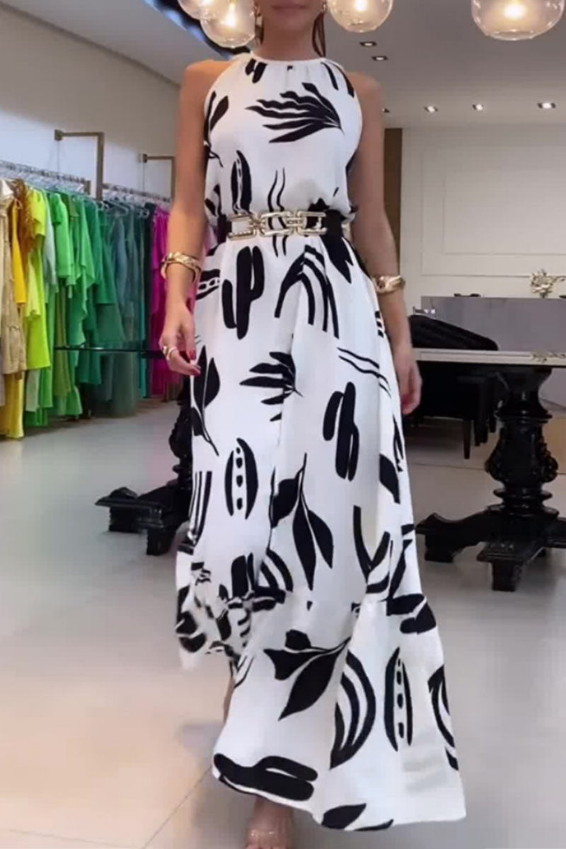 Robes longues décontractées à imprimé floral, à lacets et à col rond, avec ceinture.