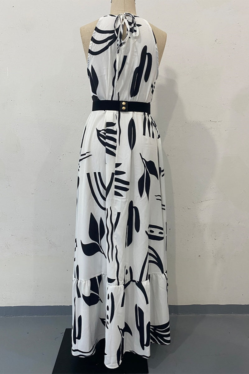 Robes longues décontractées à imprimé floral, à lacets et à col rond, avec ceinture.