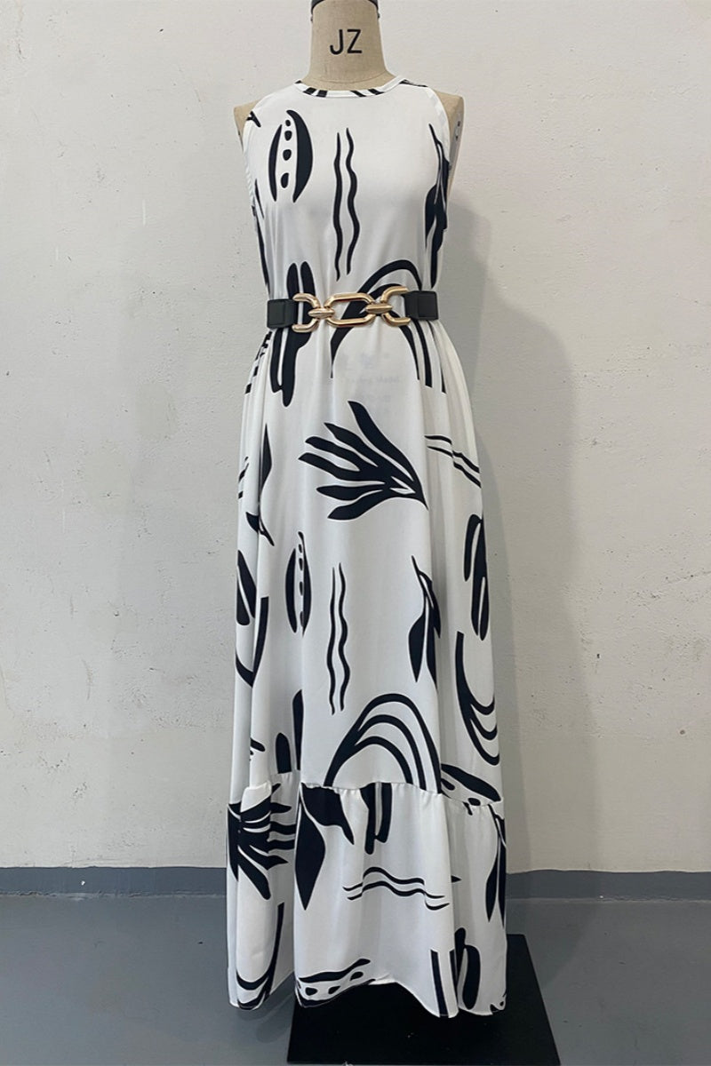 Robes longues décontractées à imprimé floral, à lacets et à col rond, avec ceinture.