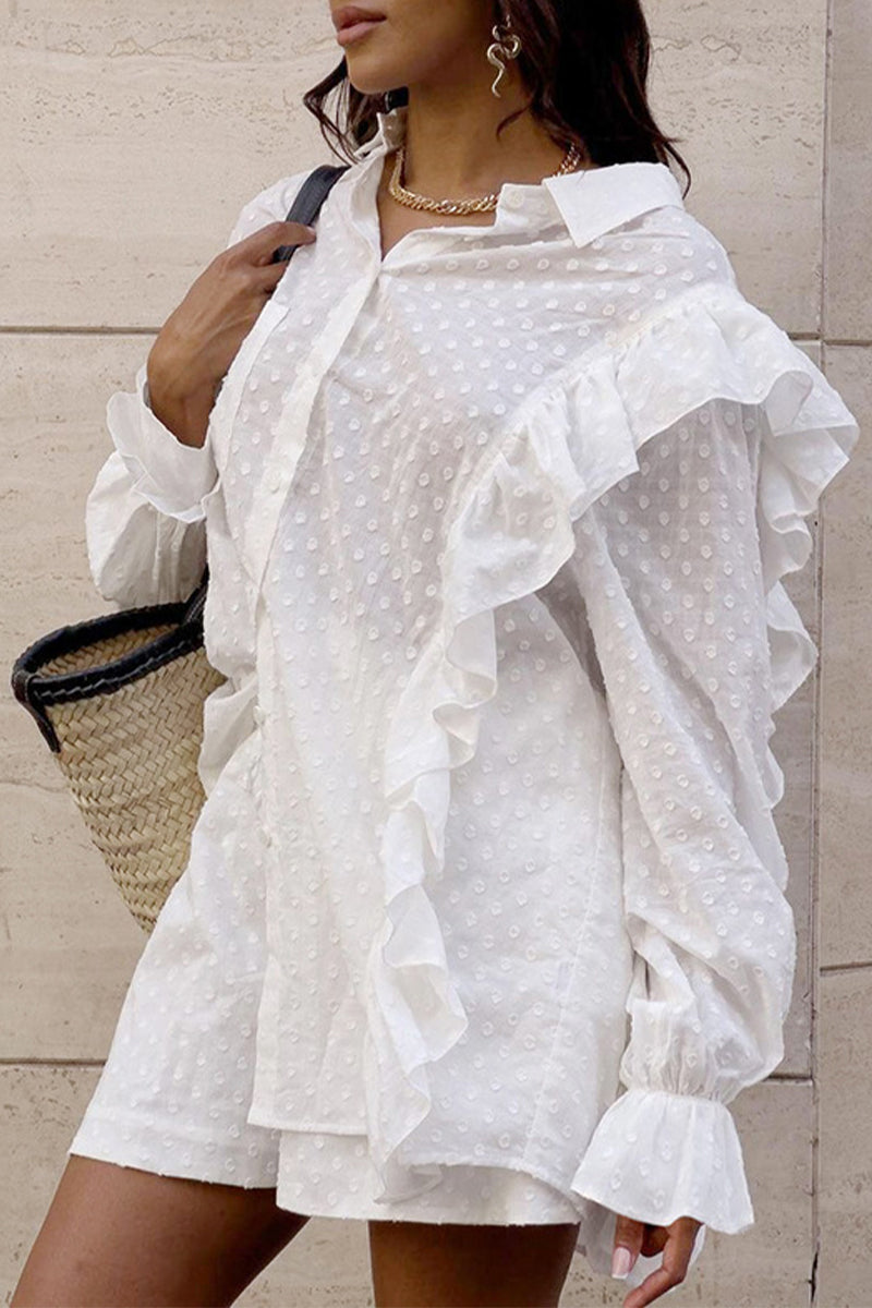 Ensemble deux pièces décontracté quotidien, jacquard, uni, poches, volants, col montant, manches longues.