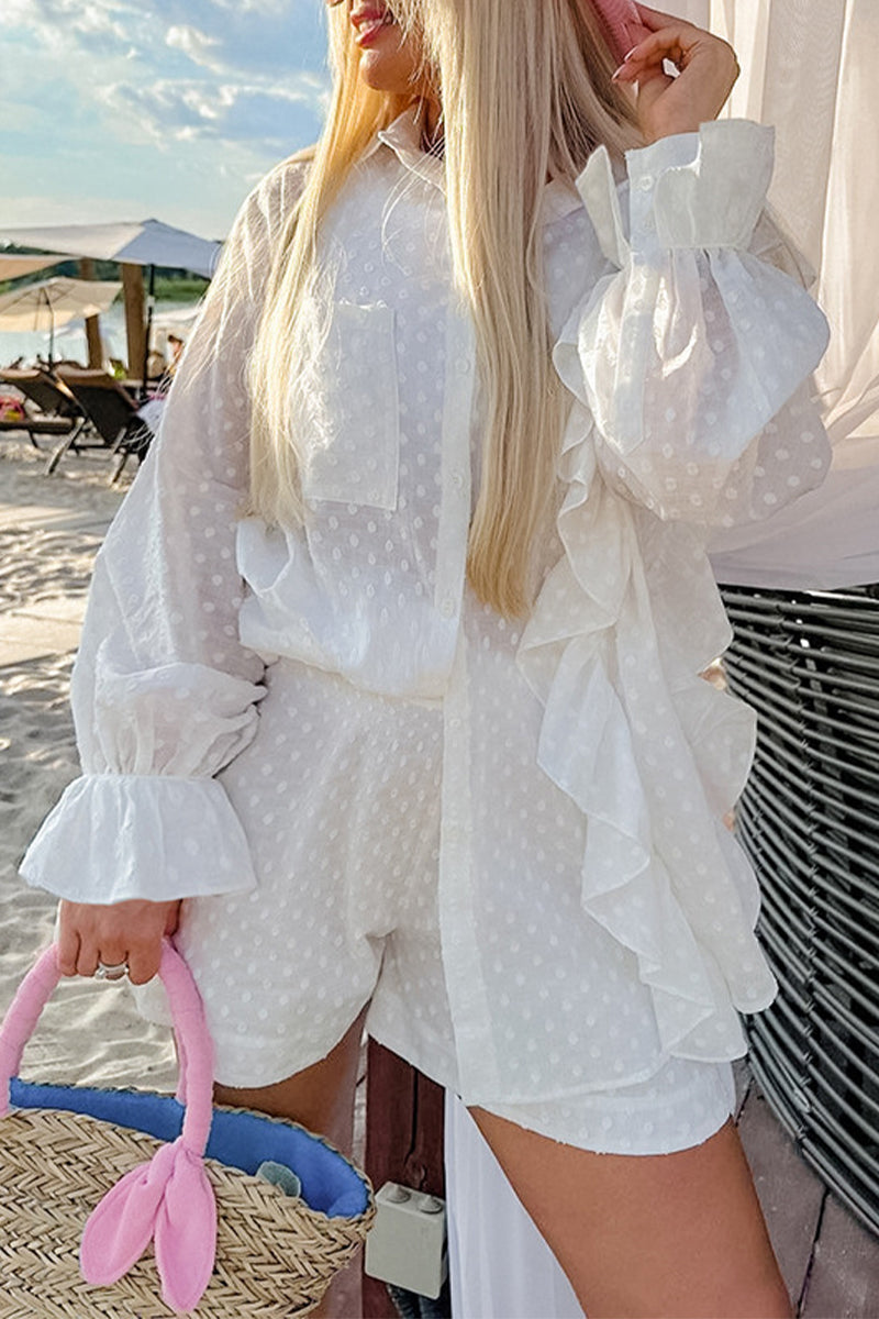 Ensemble deux pièces décontracté quotidien, jacquard, uni, poches, volants, col montant, manches longues.