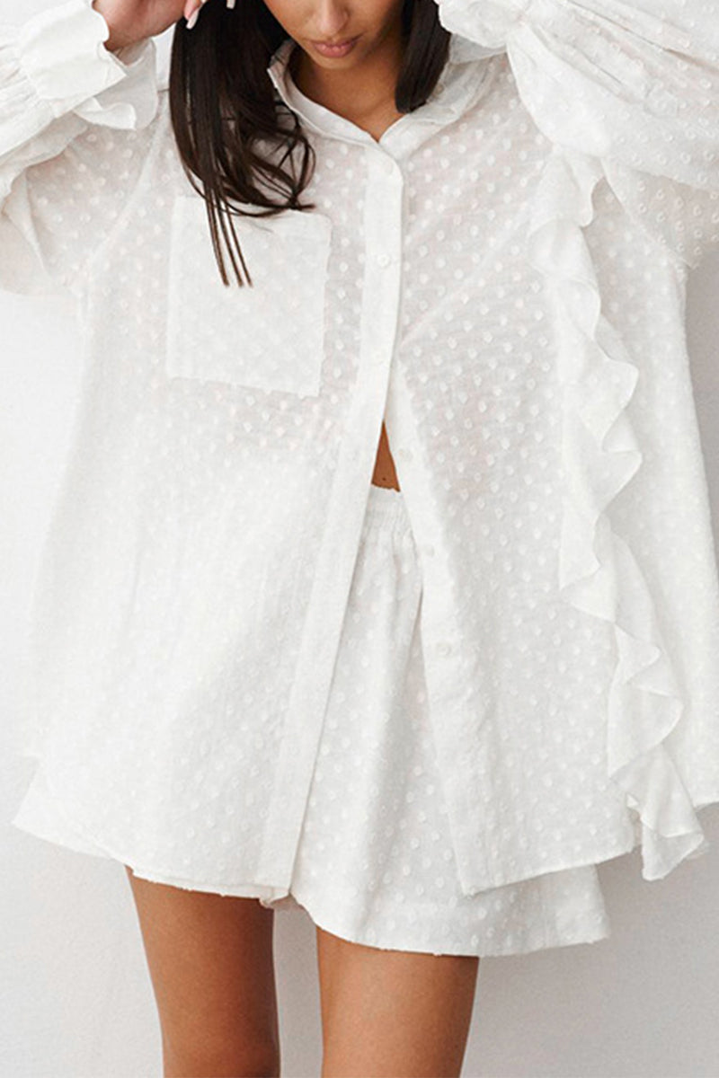 Ensemble deux pièces décontracté quotidien, jacquard, uni, poches, volants, col montant, manches longues.