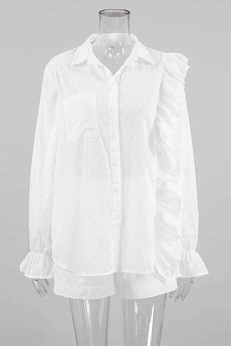 Ensemble deux pièces décontracté quotidien, jacquard, uni, poches, volants, col montant, manches longues.