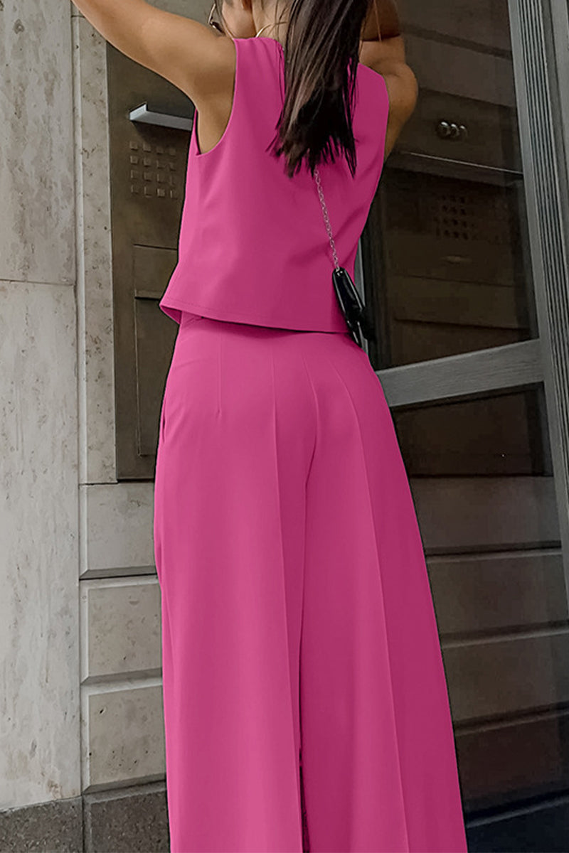 Tenue professionnelle décontractée, couleur unie, poches, boutons, col en V, sans manches, deux pièces.