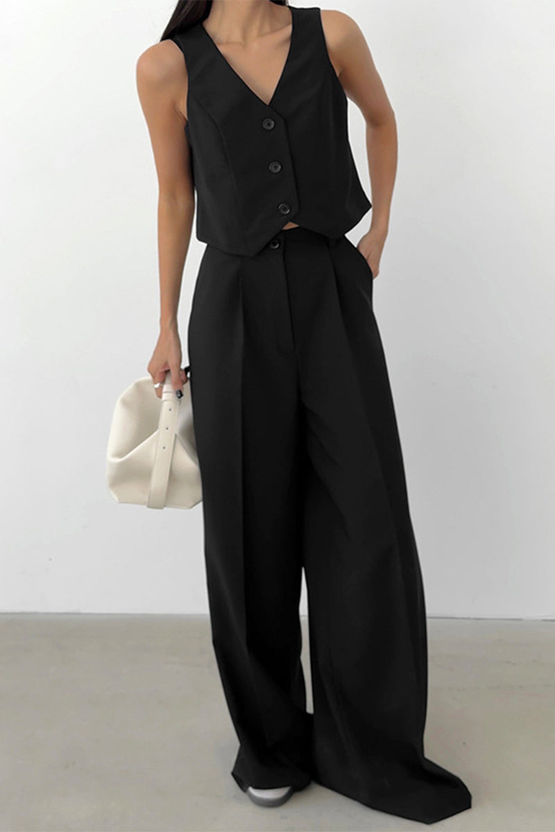 Tenue professionnelle décontractée, couleur unie, poches, boutons, col en V, sans manches, deux pièces.