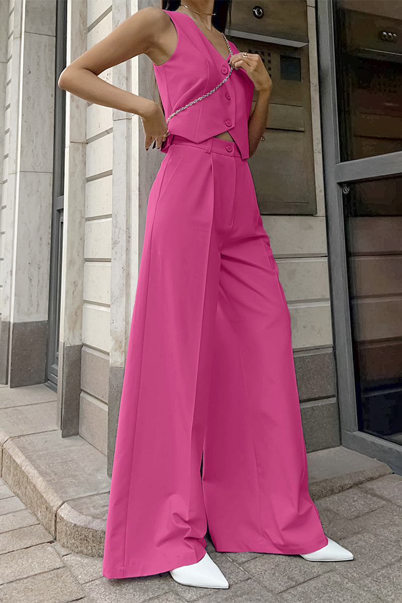 Tenue professionnelle décontractée, couleur unie, poches, boutons, col en V, sans manches, deux pièces.